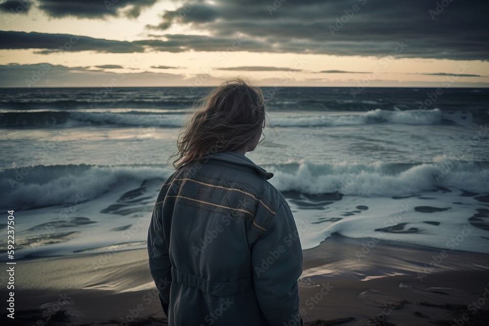 Woman standing on seashore back view. Not an actual real person. Digitally generated AI image Woman standing on seashore back view. Not an actual real person. Digitally generated AI image