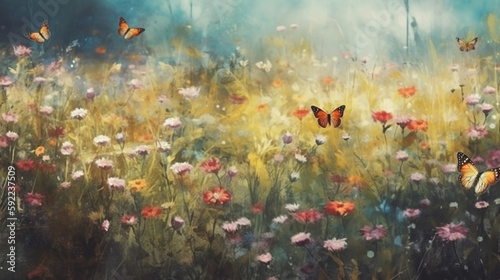 spring meadow full of blooming flowers and butterflies. Spring aquarelle wallpaper. watercolor Generative AI © bahadirbermekphoto