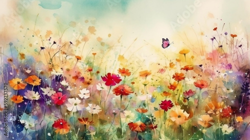 spring meadow full of blooming flowers and butterflies. Spring aquarelle wallpaper. watercolor