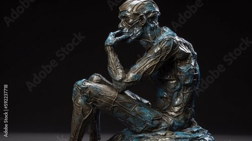 thinking robot statue. black background Generative AI