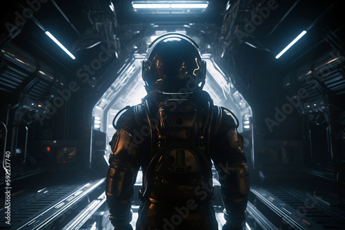 Astronaut in corridor of spacecraft. Futuristic interior and dark tones with neon lights from the ceiling. Digitally generated AI image