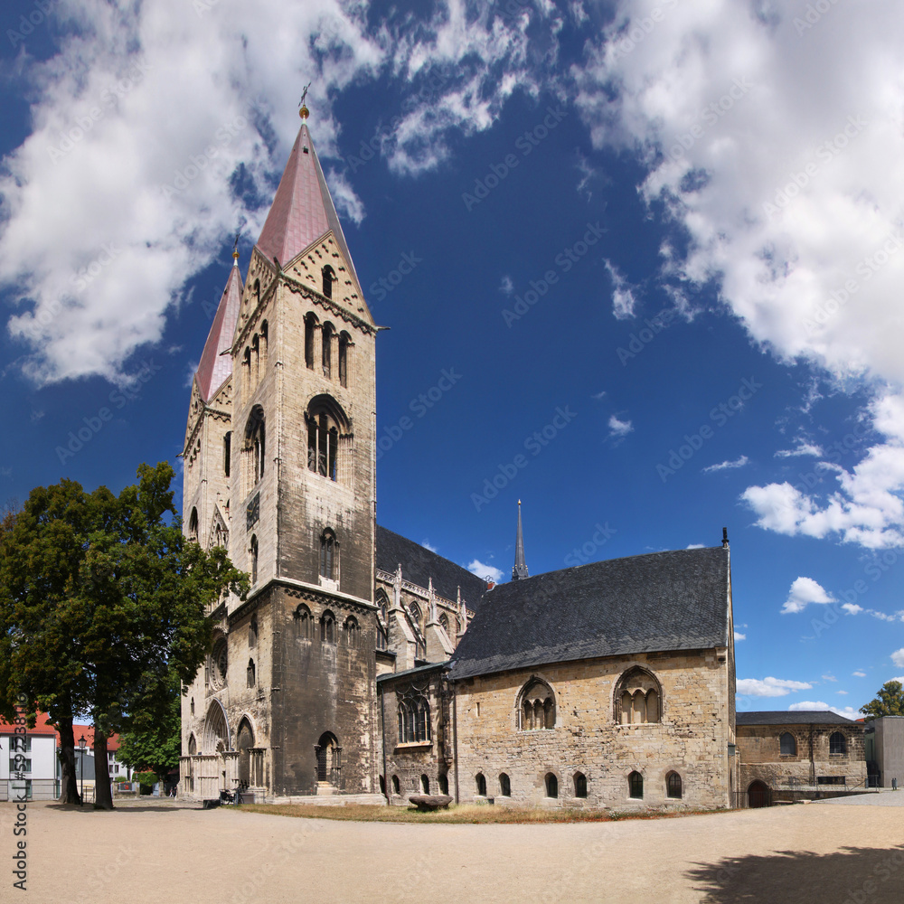 Halberstadt cathedral with gothic bell towers and refectory, Sachsen-Anhalt region in Germany