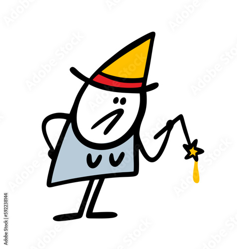 Frustrated sorceress in a hat holds a broken magic wand in her hand.