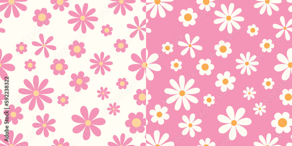 Cute pink seamless vector pattern. Camomile pattern for baby prints. Children abstract background.  - obrazy, fototapety, plakaty 