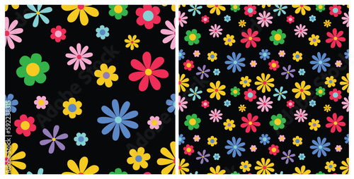 Vibrant retro flowers on black background. Seamless vector pattern. Rainbow colors chamomiles background. 