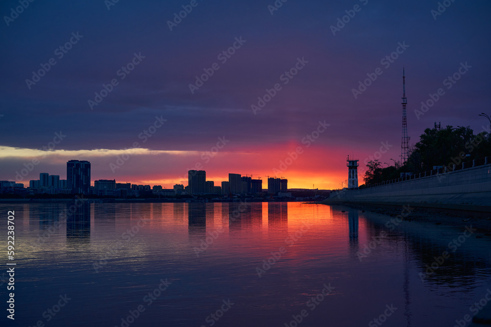 Riverside late in the evening. Blagoveshchensk, Amur region