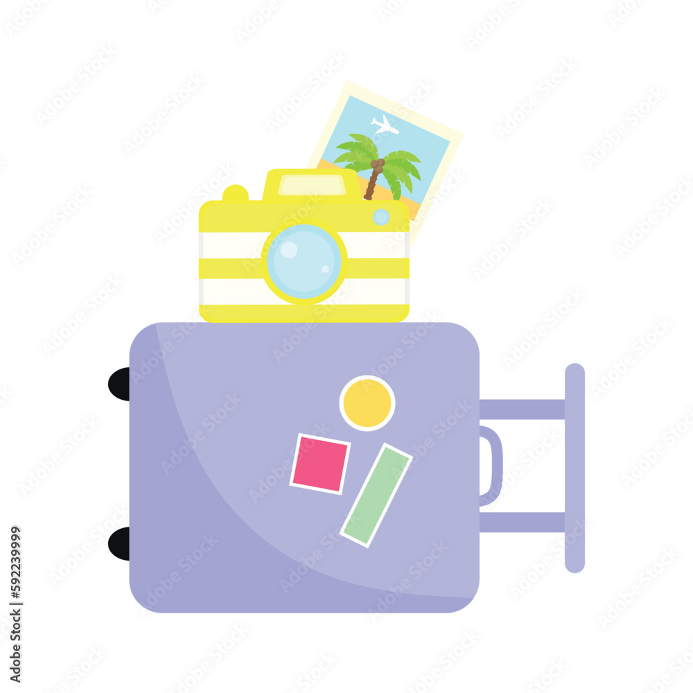 Suitcase with a camera. Vector illustration of a photo camera lying on a suitcase. Travel concepts in flat style Suitcase with a camera. Vector illustration of a photo camera lying on a suitcase. Travel concepts in flat style