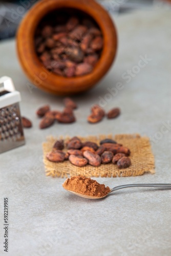 Vertical shot of a cocoa in a spoon and with beans and a bowl in the background