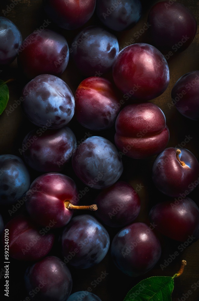 Fototapeta premium Lots of ripe plums. Background design with fresh plums. Generative AI.