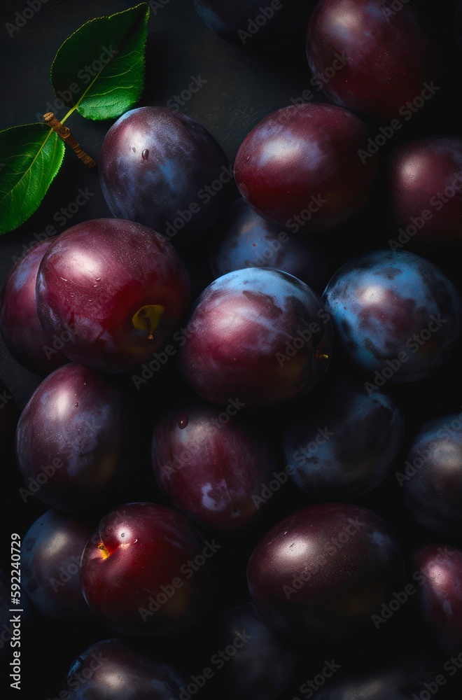 Lots of ripe plums. Background design with fresh plums. Generative AI. Lots of ripe plums. Background design with fresh plums. Generative AI.