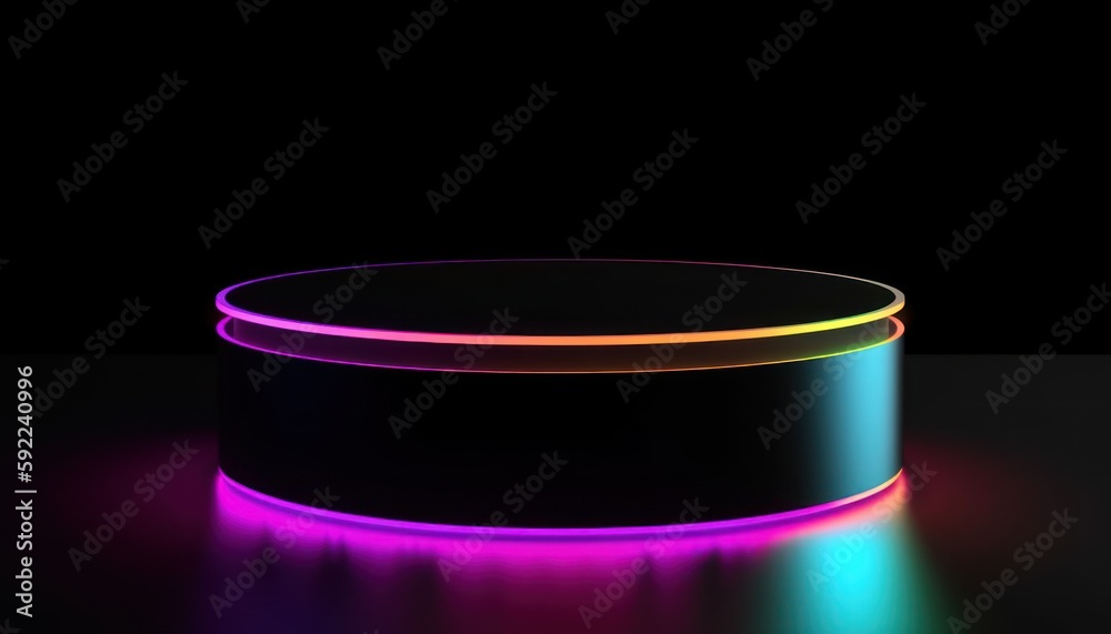 3D dark full podium with neon rainbow light on a black background. Empty stage for product presentation or fashion show performance, pedestal in nightclub dance floor Generate AI. 3D dark full podium with neon rainbow light on a black background. Empty stage for product presentation or fashion show performance, pedestal in nightclub dance floor Generate AI.