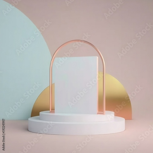 White pedestal with pastel color, solid background, Podium display with metal gold frame rim, trendy subtle, Abstract for product promotion, 3D podium, Created using generative AI.