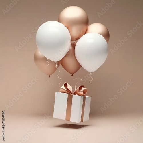 Flying gift box with helium copper balloons, Clean beige natural studio lighting background, Creative and simplified, smooth surface, 3d rendering, created using generative AI
