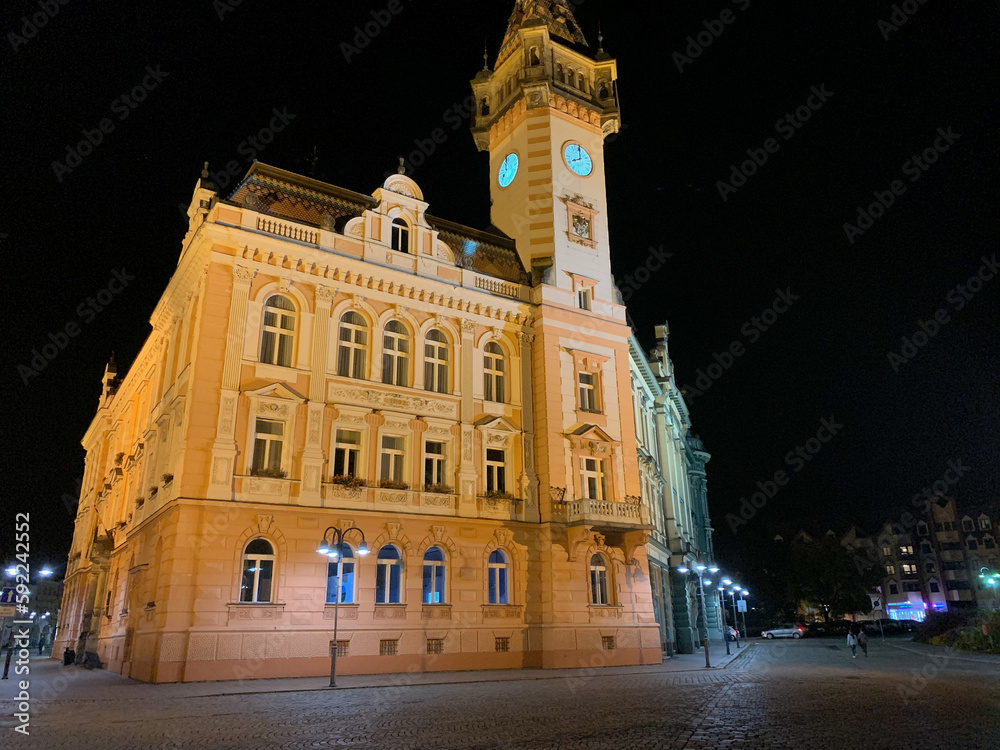 Town Hall at night on the square in Krnov