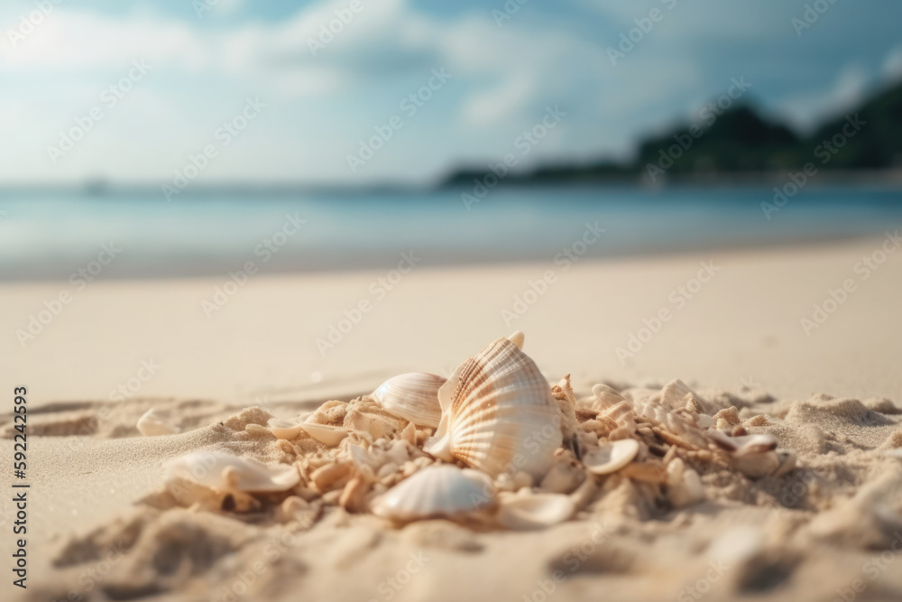 A scenic coastal view with a seashell on the sandy beach and the vast ocean in the background, a perfect image for beach and nature enthusiasts. AI Generative. A scenic coastal view with a seashell on the sandy beach and the vast ocean in the background, a perfect image for beach and nature enthusiasts. AI Generative.