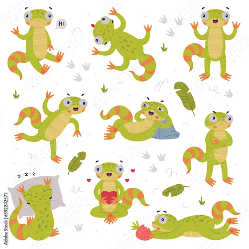 Funny Green Gecko Character Engaged in Different Activity Vector Set