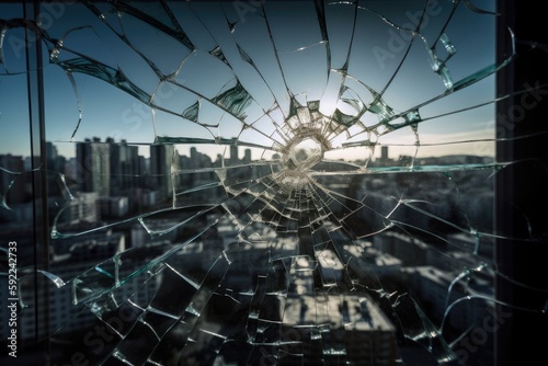 cracks in glass, with the view of a busy city street visible through the cracks, created with generative ai