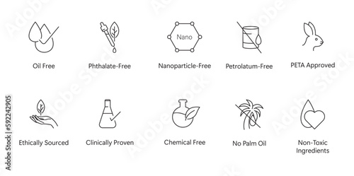 Oil free, phthalate free, nanoparticle free, petroleum free, peta approved, ethically sourced, clinically proven, no palm oil, non toxic ingredients icon set photo