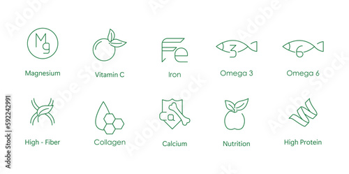 magnesium, vitamin c, iron, omega 3, omega 6, high fiber, collagen, calcium, nutrition, high fiber icon set vector illustrtaion © yasindu
