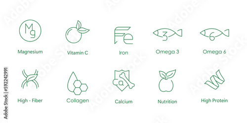 magnesium, vitamin c, iron, omega 3, omega 6, high fiber, collagen, calcium, nutrition, high fiber icon set vector illustrtaion