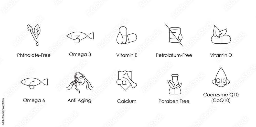 Fototapeta premium phthalate free, omega 3, vitamin e, petroleum free, vitamin d, omega 6, anti aging, calcium, paraben free, coenzyme 10 icon set vector illustration