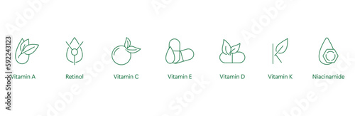 vitamin a, retinol, vitamin c, e, vitamin d, vitamin k, niacinamide icon set vector illustration photo