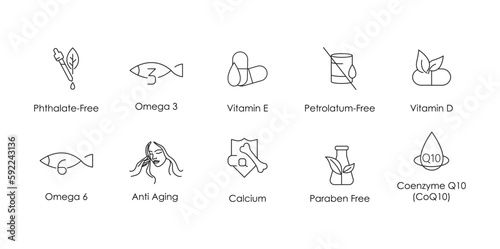 phthalate free, omega 3, vitamin e, petroleum free, vitamin d, omega 6, anti aging, calcium, paraben free, coenzyme 10 icon set vector illustration