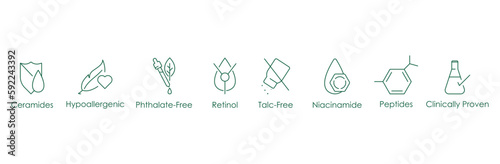 ceramides, hypoallergenic, phthalate free, retinol, talc free, niacinamides, peptides, clinically proven icon set vector illustration 