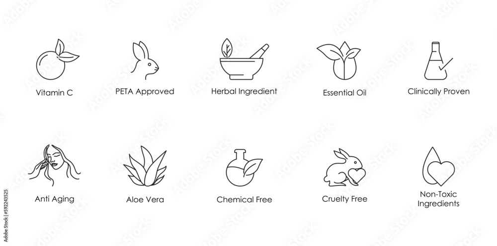 vitamin c, peta approved, herbal ingredient, essential oil, clinically proved, anti aging, aloe vera, chemical free, cruelty free, no toxic ingredients icon set vector illustration 