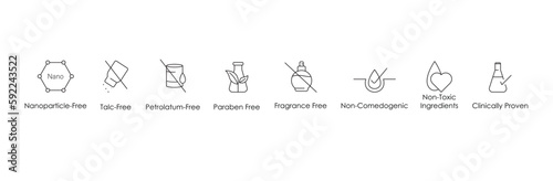 nano particle, talc free, petroleum , paraben free, fragrance free, non comedogenic, non toxic ingredients, clinically proven icon set vector