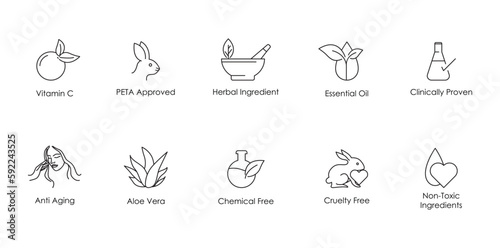 vitamin c, peta approved, herbal ingredient, essential oil, clinically proved, anti aging, aloe vera, chemical free, cruelty free, no toxic ingredients icon set vector illustration 