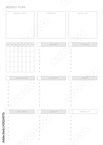 A weekly plan design template in a modern, simple, and minimalist style. Note, scheduler, diary, calendar, planner document template illustration.