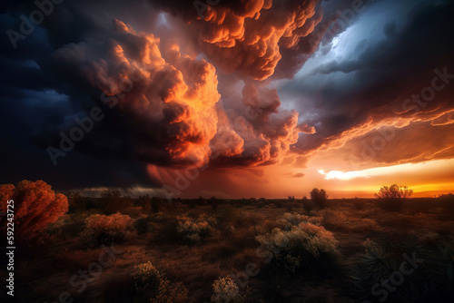 Hude storm clouds on sunset. Digitally generated ai image.