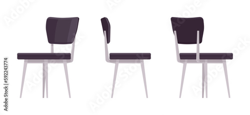 Chairs interior black set for dining, kitchen, living, guest room. Reading, desk seat. Vector flat style cartoon home, office furniture articles isolated, white background front, side, rear view