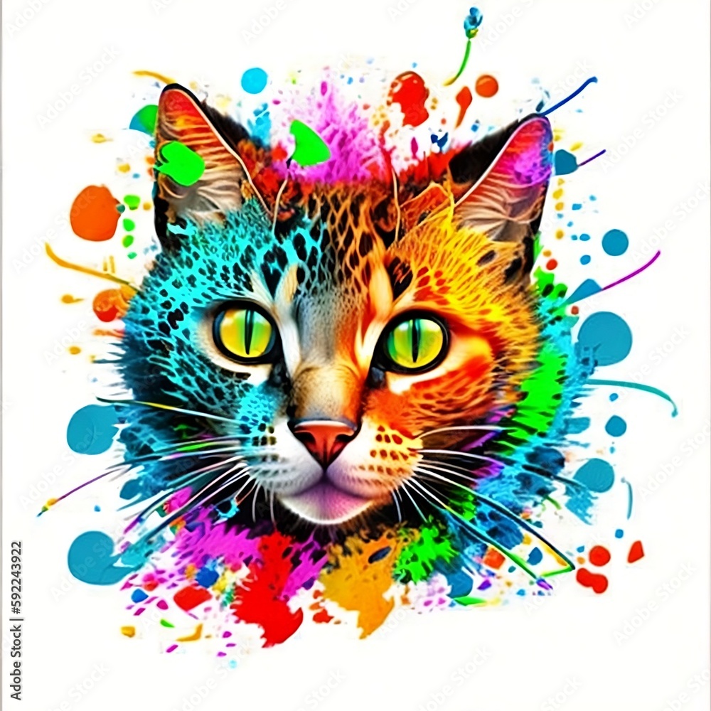 Portrait drawing of a cat surrounded by decorative color drops