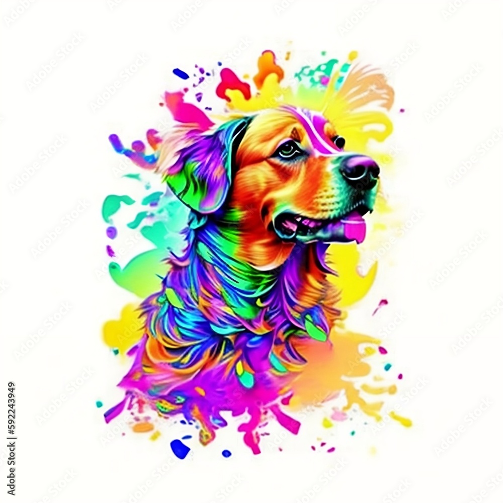 Painted artistic drawing of the portrait of a dog. Splashes of bright, cheerful colors