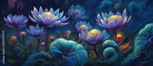 Midnight blue purple moon flowers in outdoor meadow, these vivid and colorful fantasy florals only bloom once a year at twilight - Generative AI. © SoulMyst