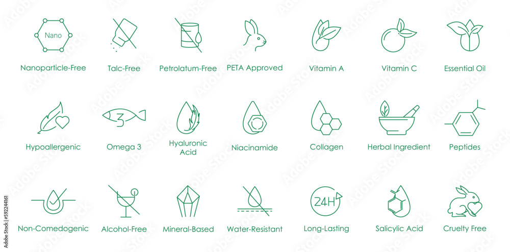 Nanoparticle free, no talc, petroleum free, peta, vitamin c, essential oil, hypoallergenic, omega 3, hyaluronic, collagen, herbal, peptides, non comedogenic, alcohol free, long lasting, cruelty free Nanoparticle free, no talc, petroleum free, peta, vitamin c, essential oil, hypoallergenic, omega 3, hyaluronic, collagen, herbal, peptides, non comedogenic, alcohol free, long lasting, cruelty free