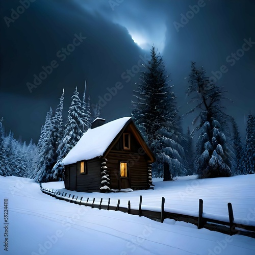 A house lost in the harsh snowy mountain climate. Symbol of welcome, warmth, light