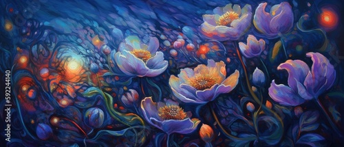 Midnight blue purple moon flowers in outdoor meadow, these vivid and colorful fantasy florals only bloom once a year at twilight - Generative AI. © SoulMyst