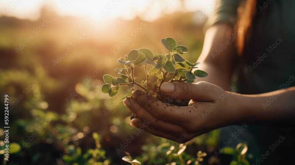 Manos de mujer, sosteniendo una pequeña planta al atardecer en la naturaleza.Ilustración de IA Generativa - obrazy, fototapety, plakaty 