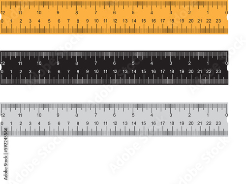 Digital illustration of a set of different colored rulers on a white background