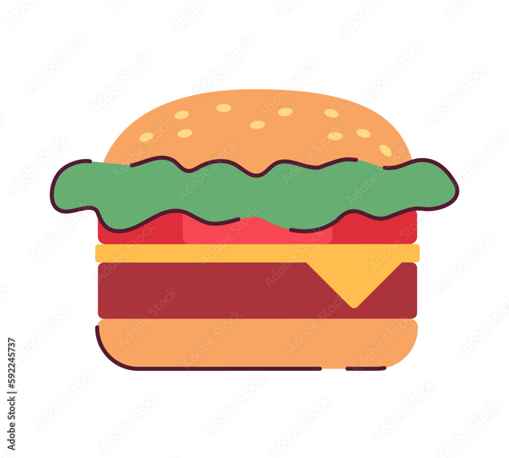 Juicy cheeseburger from fast food restaurant semi flat colour vector object. Hamburger with cheese. Editable cartoon style icon on white. Simple spot illustration for web graphic design and animation Juicy cheeseburger from fast food restaurant semi flat colour vector object. Hamburger with cheese. Editable cartoon style icon on white. Simple spot illustration for web graphic design and animation
