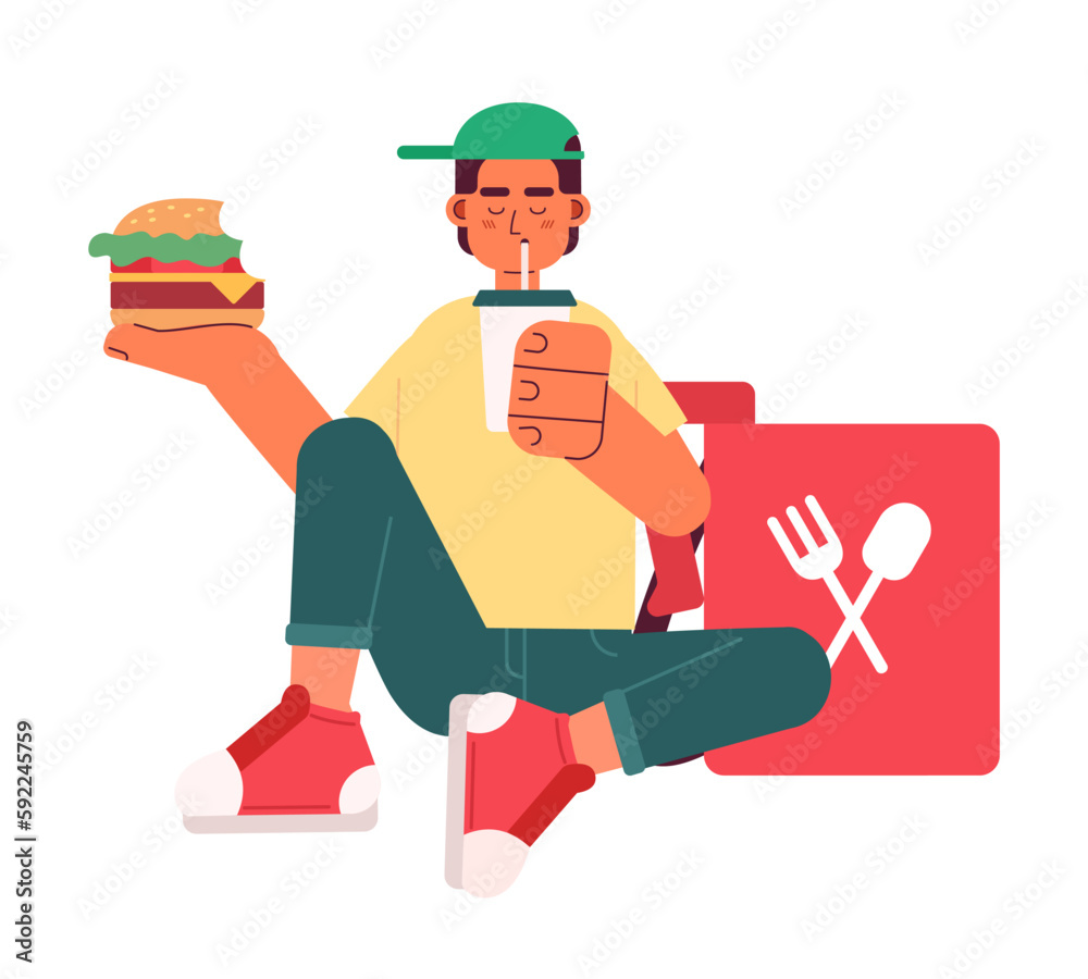 Food delivery teen worker eating cheeseburger, drinking semi flat colorful vector character. Editable full body person on white. Simple cartoon spot illustration for web graphic design and animation