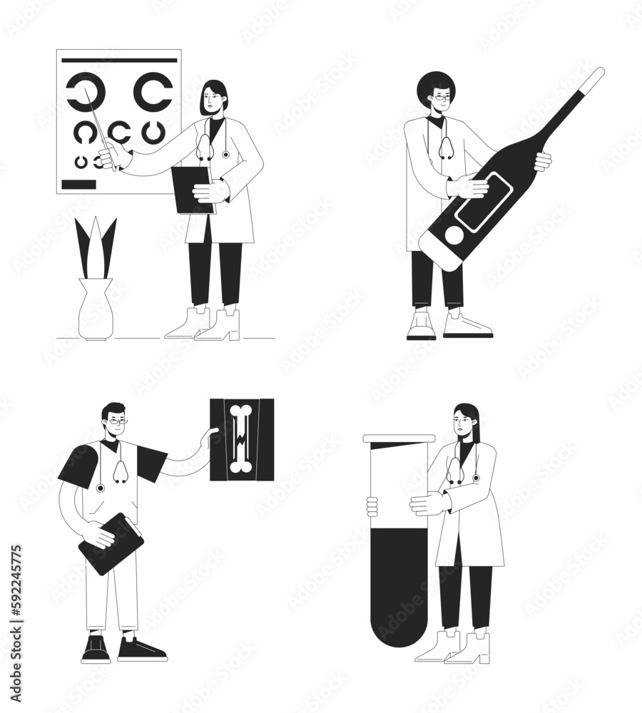 Medical services bw concept vector spot illustrations pack. Doctors diagnosis 2D flat line monochromatic cartoon characters on white for web UI design. Editable hero image for landing, mobile header