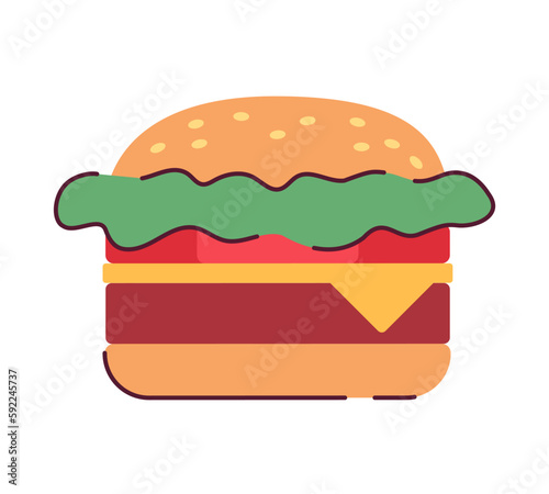 Juicy cheeseburger from fast food restaurant semi flat colour vector object. Hamburger with cheese. Editable cartoon style icon on white. Simple spot illustration for web graphic design and animation