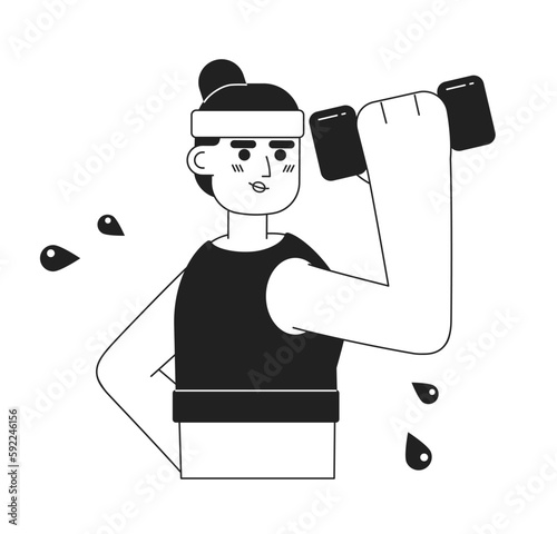 Sporty woman lifting dumbbell monochromatic flat vector character. Healthy active living. Editable thin line half body person on white. Simple bw cartoon spot image for web graphic design, animation