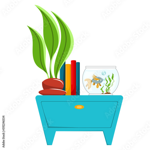 Cartoon beside cabinet with books, home plant and aquarium. Bedroom element.