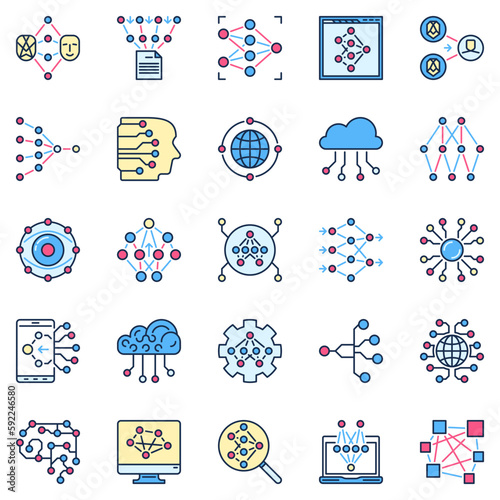 Artificial Neural Network colored icons. AI and Deep Learning vector signs
