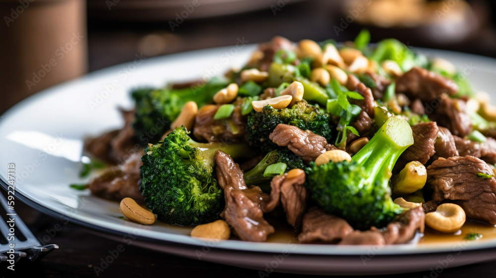 Beef stir-fry with broccoli and cashews - tender strips of beef stir-fried with broccoli, cashews. Generative AI image. Beef stir-fry with broccoli and cashews - tender strips of beef stir-fried with broccoli, cashews. Generative AI image.